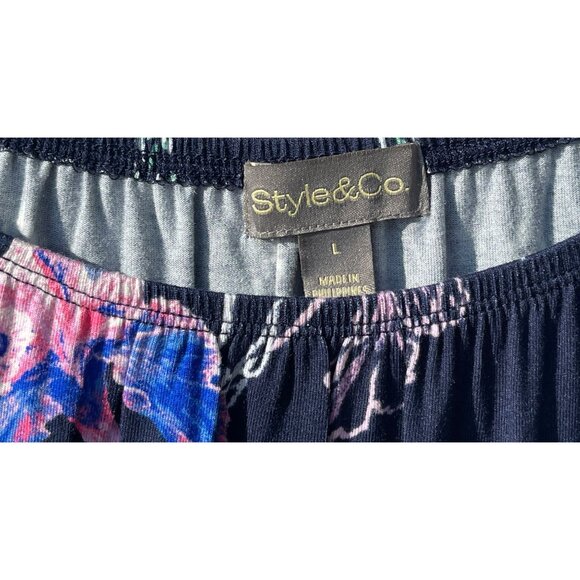 Style & Co Womens Floral Print Knit Top W/Ruffle Hem Large Navy Rayon Blend - Picture 5 of 7